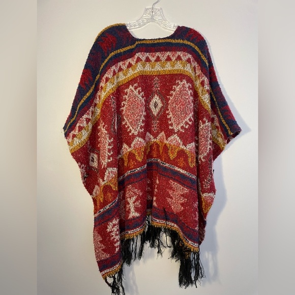 Forever 21 Women's Poncho Western Aztec Fringe Red Blue Gold White One Size EUC - Picture 12 of 16
